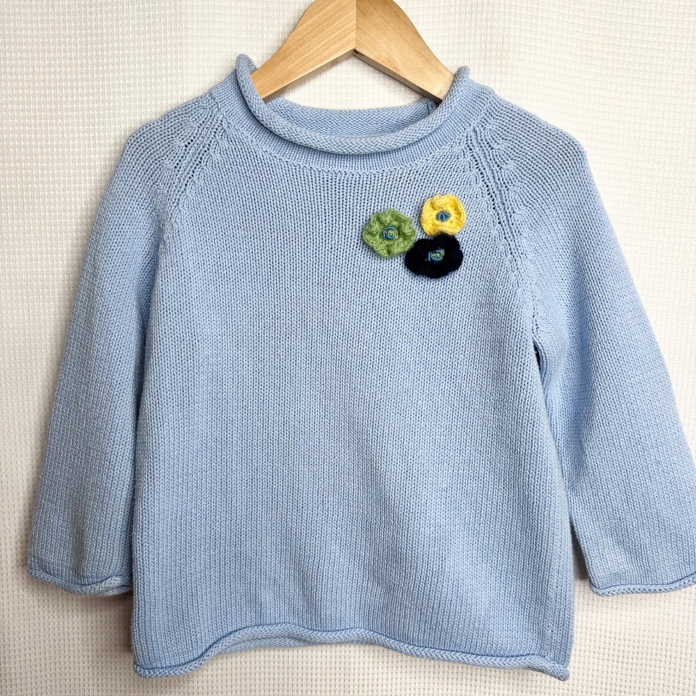 Vintage Talbots Kids Blue Cotton Knit Sweater Crochet Flower Applique Size 5